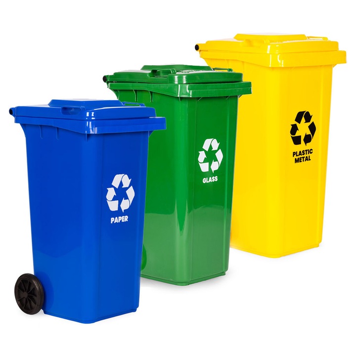 Set 3 cosuri de gunoi 3x120L, MULTISTORE, albastru, verde, galben, HDPE, roti din cauciuc