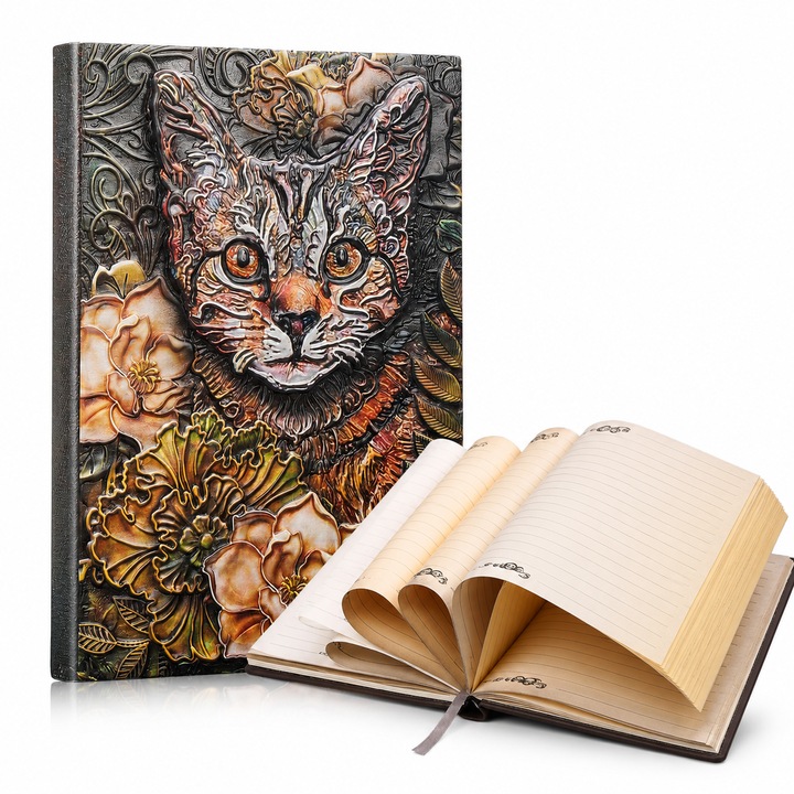 Jurnal Pisica, Agenda A5 din Piele Ecologica, AjieQaQ®, Coperta 3D Lucrata Manual, 200 Pagini Liniate Vintage, Cusatura Multicolor, Caiet de Notite Premium, Ideal pentru Cadou