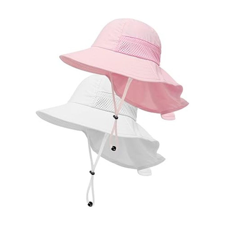 Set 2 palarii pentru Copii MWAOWM, Palarii de Soare cu Protectie UPF 50+, Ajustabile, Roz si Alb, 1-7 Ani