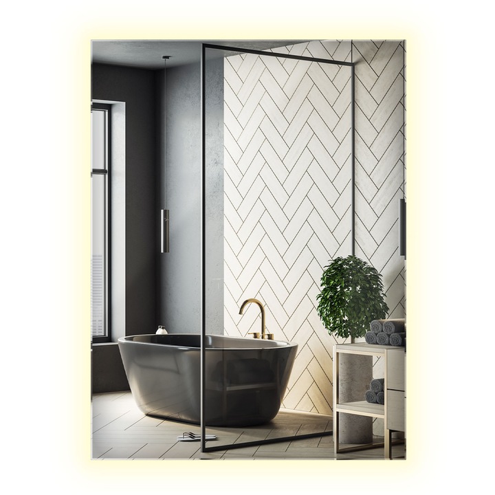 Dekoratív Fali LED Téglalap Alakú Tükör Modern Stílusban, Decormat, 80 x 60 cm, Semleges (4000K), Elegáns Hálószobai Kiegészítő, 010390550040300000000