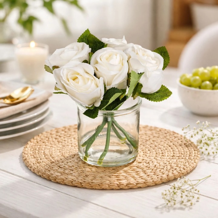 Vaza din Sticla cu 5 Trandafiri Albi Ø9x19cm