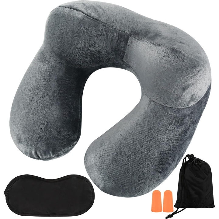Perna de călătorie gonflabilă Bedee, U-Shape, catifea, gri închis, 30x28x14cm, set masca de ochi și dopuri de urechi