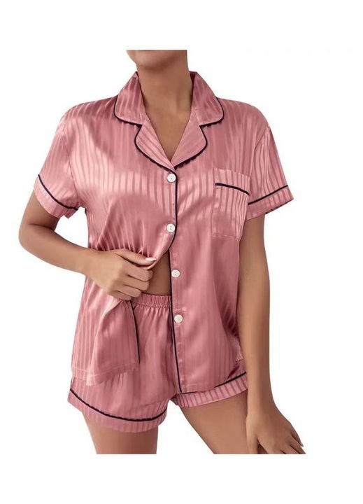 Set Pijama pentru dama cu nasturi, JALWO, Simulator de matase, sexy, confortabil pentru piele, roz, Roz