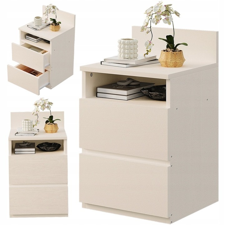 Noptiera pentru dormitor sau sufragerie, cu 2 sertare, alba, moderna MUVU