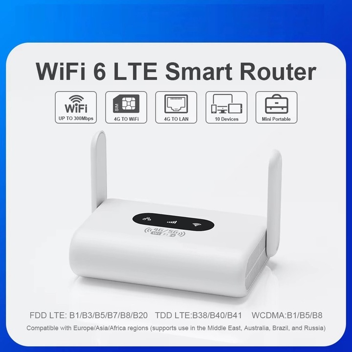 Router mobil 4G LTE AjieQaQ, WiFi 6, Nano SIM, 300 Mbps, pentru acasa, birou, calatorii si camere de supraveghere, alb mat