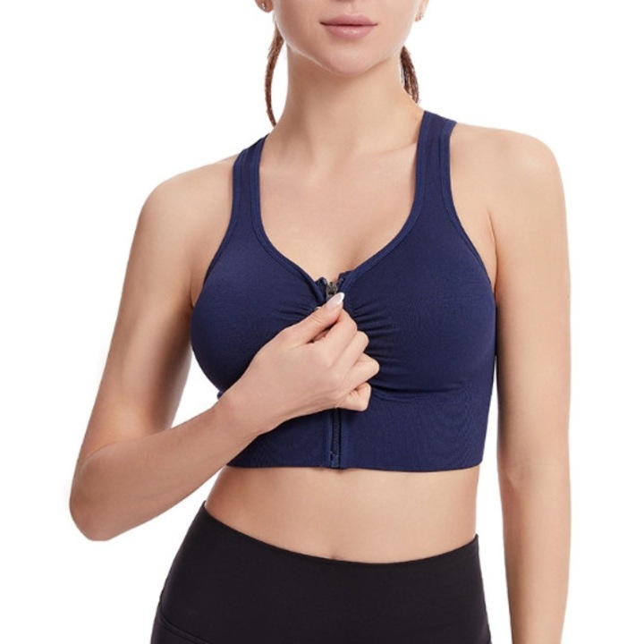 Bustieră sport JALWO, albastră, M, anti-soc, fermoar față, spate decorativ