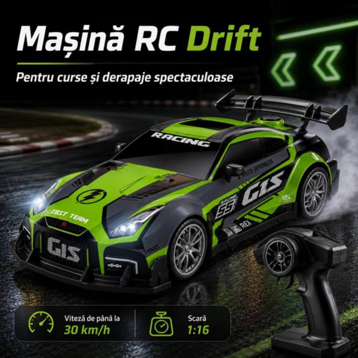 Masina RC Drift 1:16 cu telecomanda, 30 km/h, lumini LED, muzica