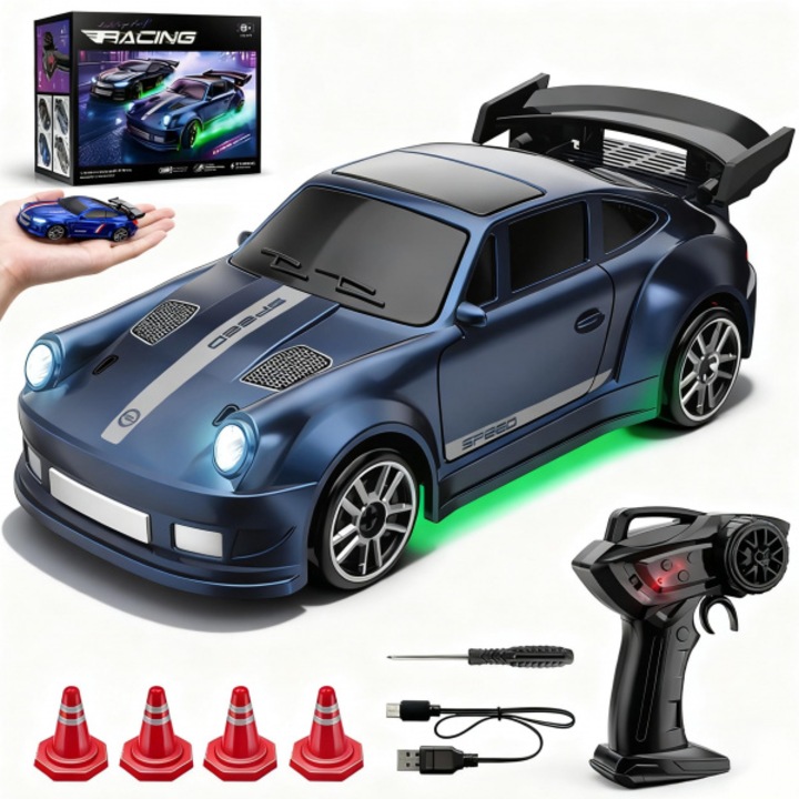 Masina cu telecomanda RC, 1/64, Masina cu Telecomanda cu Lumini LED si 2 Moduri de Viteza, Jucarii RC Stunt Drifting de 2.4GHz cu 4 Obstacole, Masini de Drift Reincarcabile USB pentru Birou, pentru Copii si Adulti, Albastru