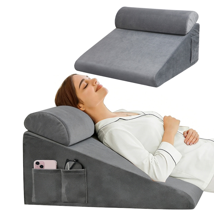 Set 2 Perne Ortopedice, din Spuma cu Memorie, Suport Spate, Picioare, Anti-Reflux, Relaxare, Citit, Husa Detasabila si Lavabila, Gri