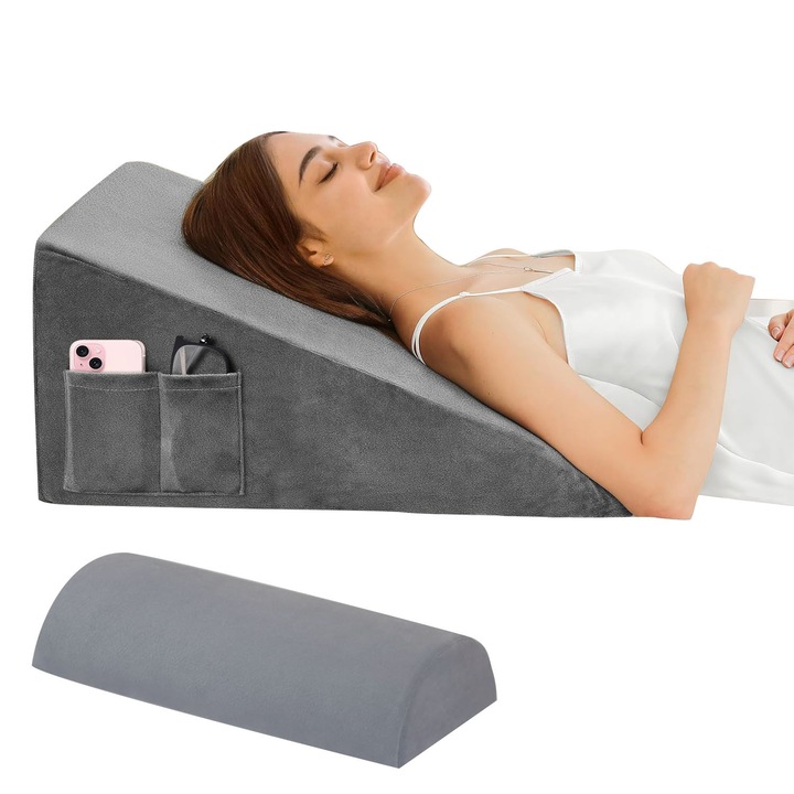 Set 2 Perne Ortopedice, din Spuma cu Memorie, Suport Spate, Picioare, Anti-Reflux, Relaxare, Citit, Husa Detasabila si Lavabila, Gri