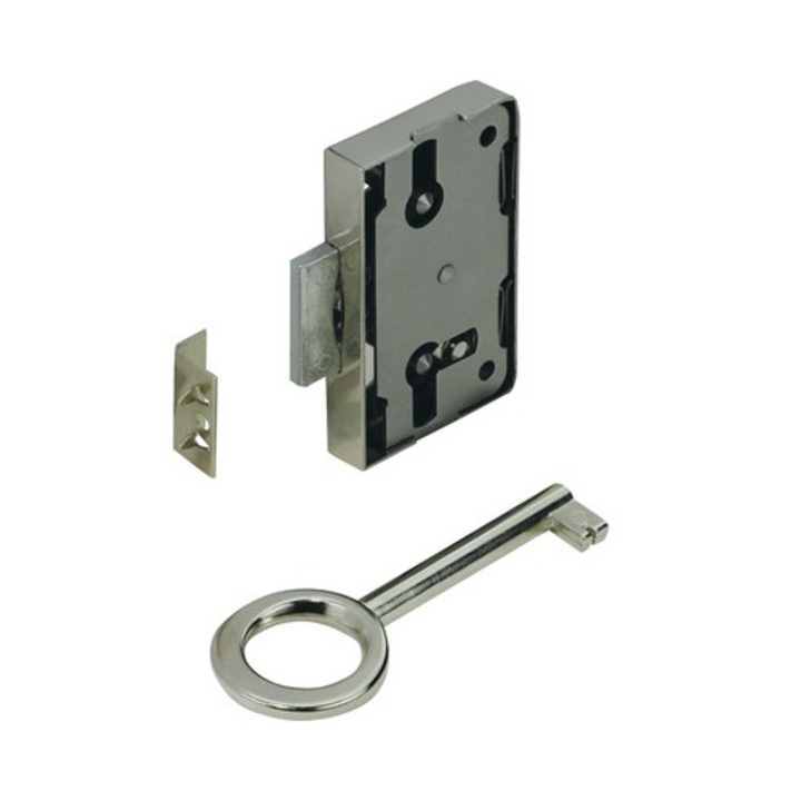 Incuietoare aplicata mobilier Hettich 60x38mm, nichelata, cu 1 cheie, deschidere pe stanga/dreapta