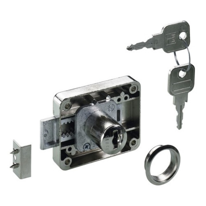 Incuietoare aplicata pentru mobilier, cilindric, 46x56mm, nichelata, cilindru O19, cu 2 chei