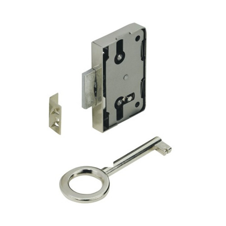 Incuietoare aplicata mobilier 60x48mm, 1 cheie, nichelata, stanga