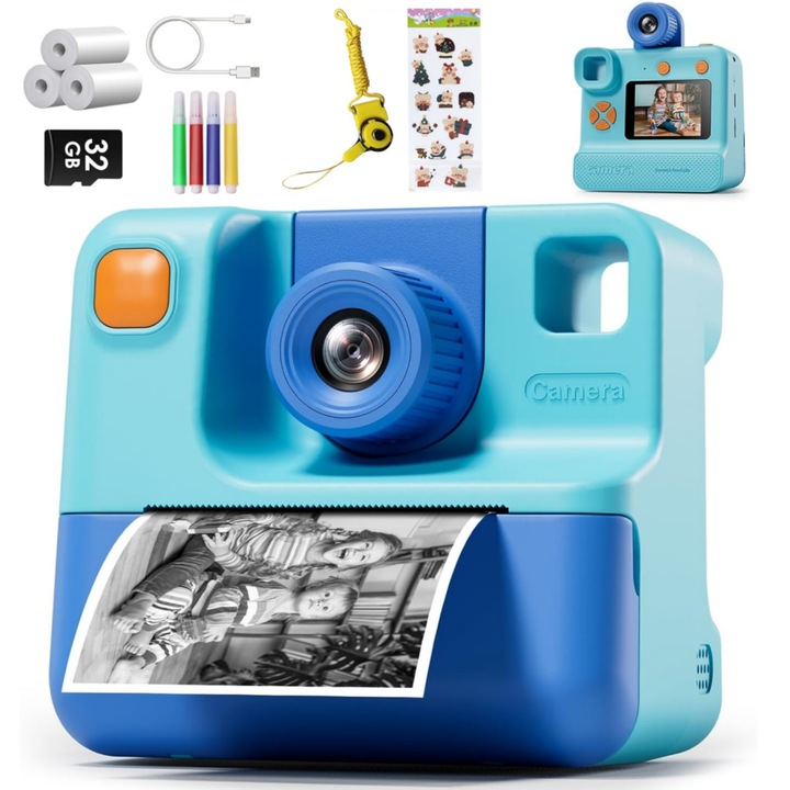 Camera foto instant pentru Copii Vicalo, Functii Foto, Video, Printare, HD 1080p, ecran 2 inch, Card Memorie 32GB, Printare fara Cerneala, 3 Role Hartie incluse si 4 Carioci Colorate incluse