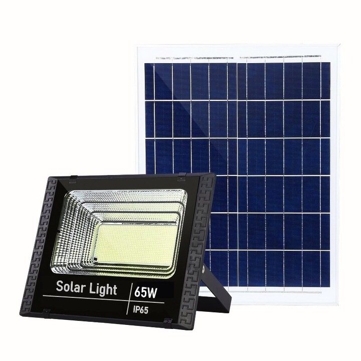 Соларен прожектор, LED SMD 65W със соларно зареждане, Панел, Дистанционно управление, Стойка за монтаж, ABS материал, 3Ah, 114 LED, 271lm, 20x15 см, Черен