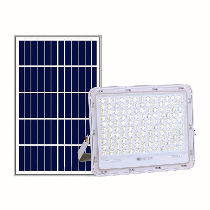 Соларен прожектор, LED с панел, Водоустойчив сензор за светлина, 100W, 23x18 см, Включена U-образна стойка, Дисплей за нивото на батерията, Дистанционно управление, 220V, Модерен дизайн, Движение, Бял