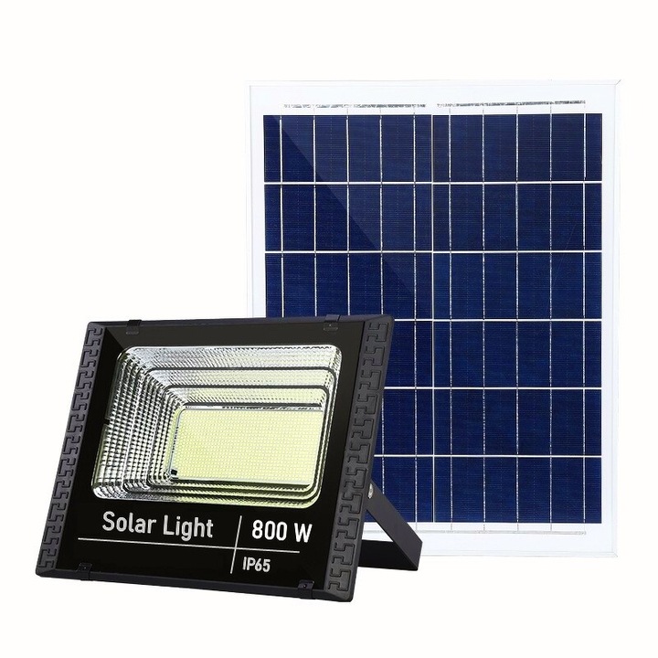 Соларен прожектор, LED SMD 800w със соларно зареждане, Панел, Дистанционно управление, Стойка за закрепване, ABS материал, 20Ah, 966 LED диода, Цветна температура 6500k, 32x26x9 см, Черен