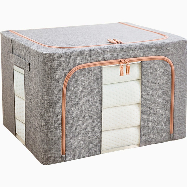 Cutie de depozitare pliabila, Cu fermoar, 100 L, Textil, 60x42x40 cm, Cadru Metalic, Suport Baza Stabil din Plastic, Cu doua ferestre, organizare eficienta, economisire spatiu, Gri