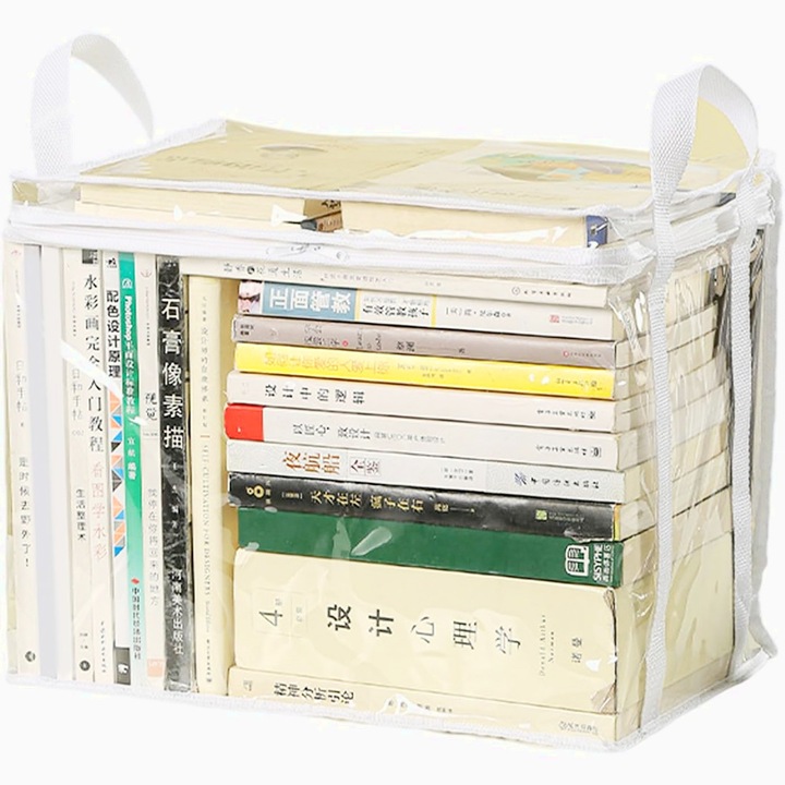Cutie de Depozitare, din PVC+Textil, Rezistenta la Apa, Geanta pentru Carti, 23x17x28 cm, Transparent-Alb, organizare eficienta, economisire spatiu