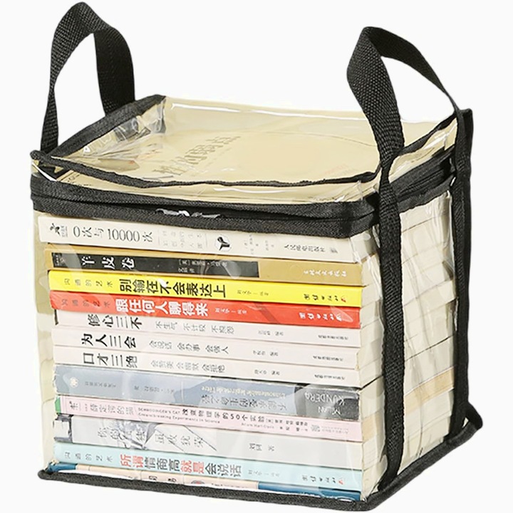 Tárolódoboz, PVC + Textil, Vízálló, Könyvtároló Táska, 23x17x28 cm, Átlátszó-Fekete, hatékony rendszerezés, helytakarékos