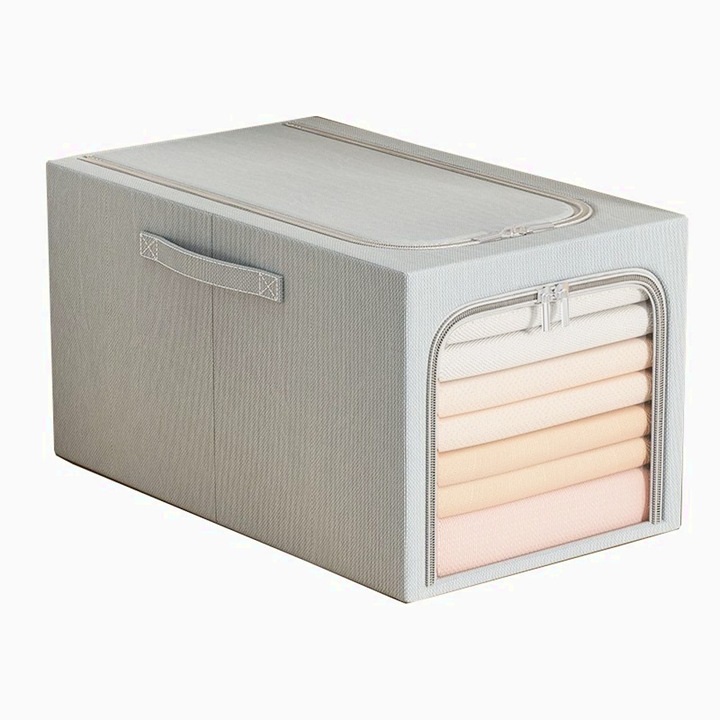 Cutie de Depozitare, 31L, din In si Bumbac, Pliabila, Cadru din Otel, 45 x 30 x 23 cm, organizare eficienta, economisire spatiu, Albastru Fumuriu