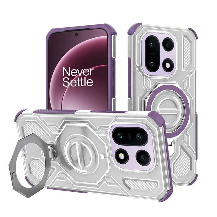 Husa antisoc pentru OnePlus 15 cu inel suport magnetic, Accesorio Carbon Shield PRO, Purple Transparent