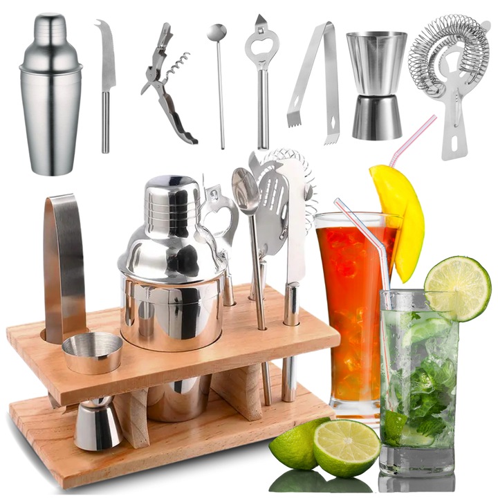 Set barman 9 piese, More&Deco, shaker 350ml, organizer bambus 21x11x7cm, inox