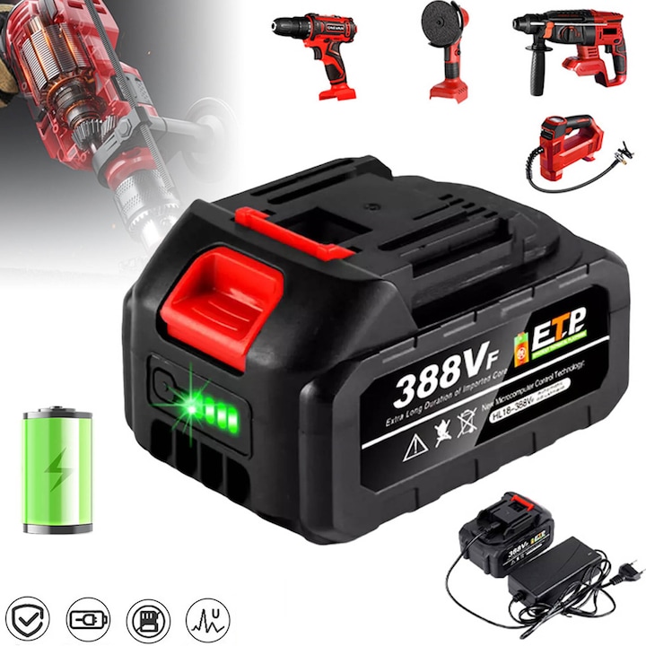 Acumulator Li-ion, Bedee®,3000mAh,21V/18V(388VF), cu incarcator pentru scule electrice, cu afisaj luminos LED, negru