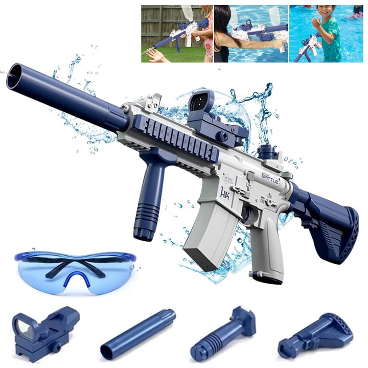 Pistol cu apa, Bedee®, Electric, 500mAh, Pentru copii, plastic, set cu baterii reincarcabile ecologice si accesorii, Raza de actiune pana la 10 m, Alb/Albastru