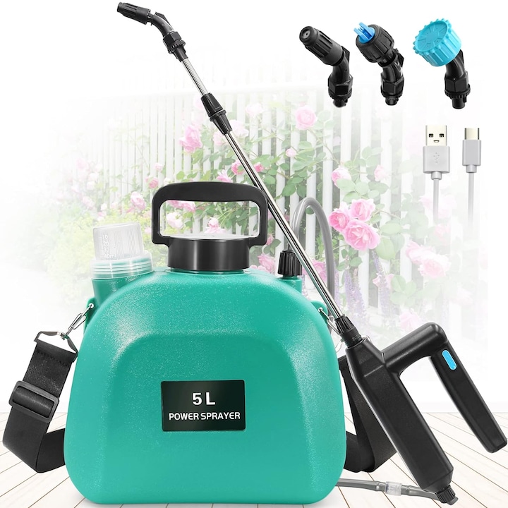 Pompa de stropit electrica, Bedee®,5L,2000mAH,6W,7.4V, teava de apa de 1, 5 m, plivirea buruienilor, fertilizarea, pulverizarea ingrasamintelor sau erbicidelor, Verde