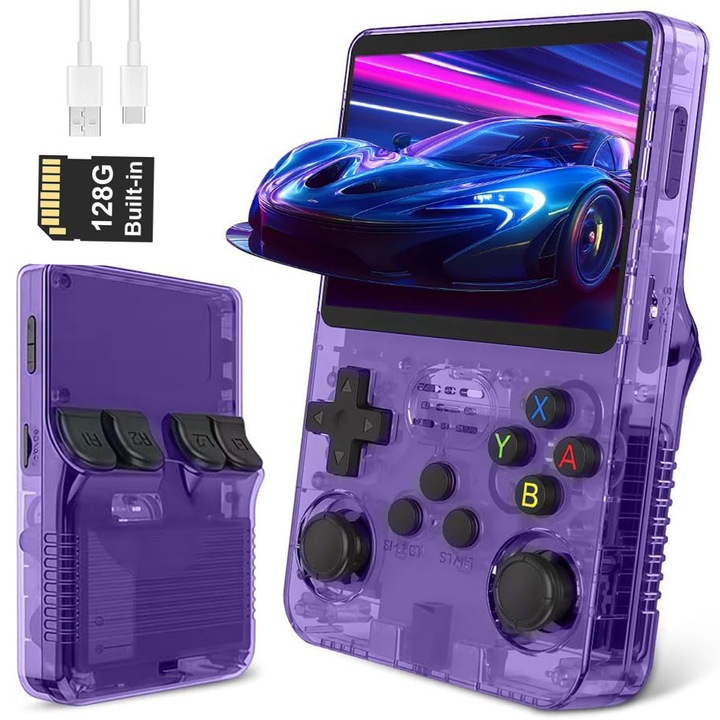 Consola de jocuri portabila, Bedee®, 2 carduri (32GB + 64GB), Jack 3.5mm,15.000+ jocuri preinstalate, Ecran IPS 3.5",640*480P,3500mAh,8.3×13×2.8cm,5V/2A, 5W, Violet