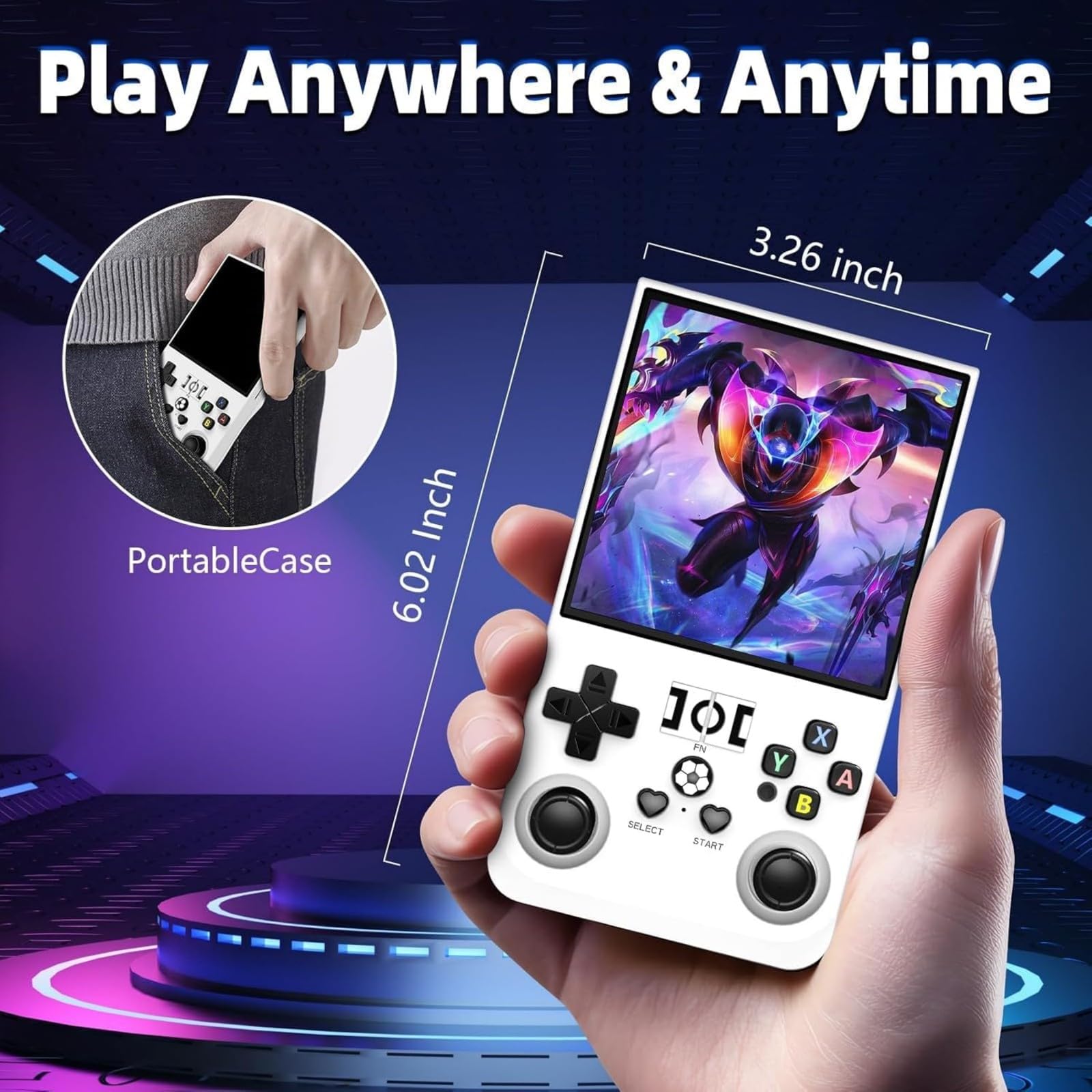 Consola cu jocuri retro portabila, Bedee®,18000+ jocuri, Arcade portabila de buzunar, ecran IPS 4 inch,720x720,64GB card, Baterie 4000mAh, CPU:RK3326, Sistem Linux open source, Alb