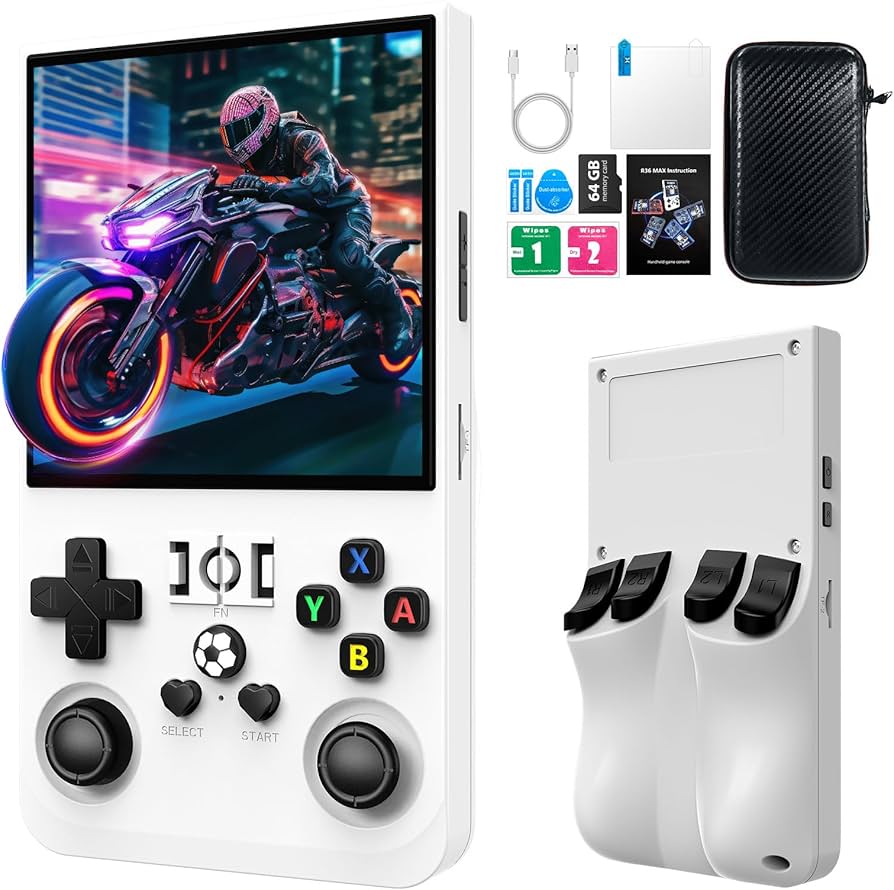 Consola cu jocuri retro portabila, Bedee®,18000+ jocuri, Arcade portabila de buzunar, ecran IPS 4 inch,720x720,64GB card, Baterie 4000mAh, CPU:RK3326, Sistem Linux open source, Alb