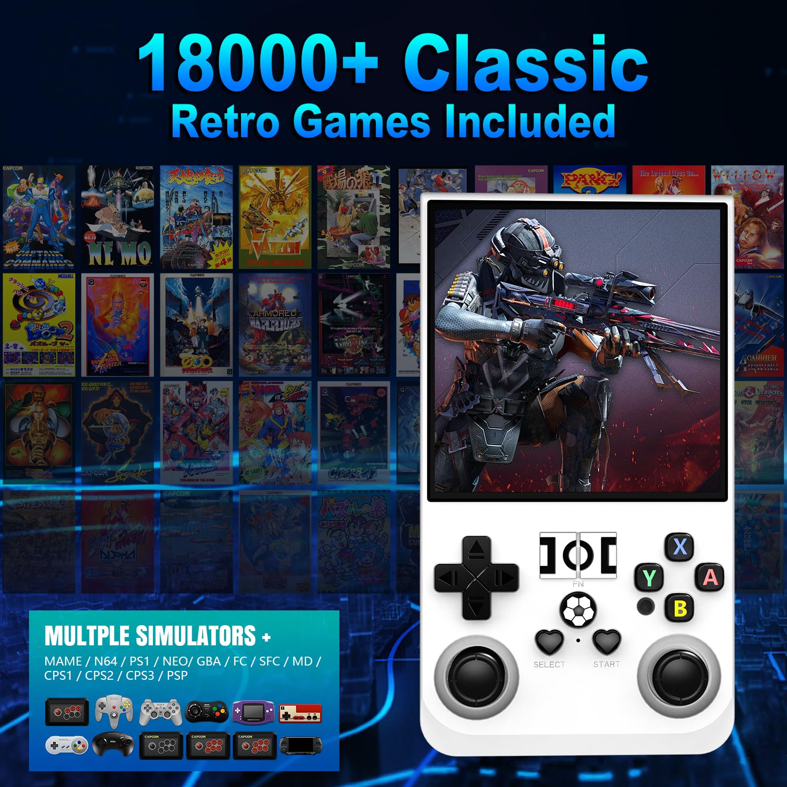 Consola cu jocuri retro portabila, Bedee®,18000+ jocuri, Arcade portabila de buzunar, ecran IPS 4 inch,720x720,64GB card, Baterie 4000mAh, CPU:RK3326, Sistem Linux open source, Alb
