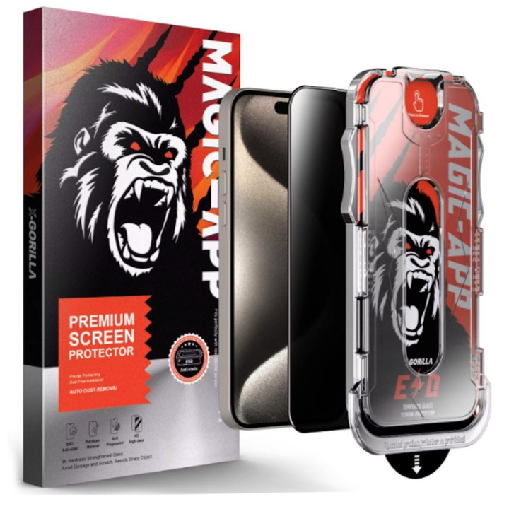 Folie Sticla Securizata, Compatibil cu iPhone 17 Pro, Gorila X instalare usoara cu dispozitiv EASYAPP pentru indepartarea prafului, Anti-zgarieturi, Anti-amprenta, anti-explozie, Anti-soc, Anti-ulei, Anti-orbire
