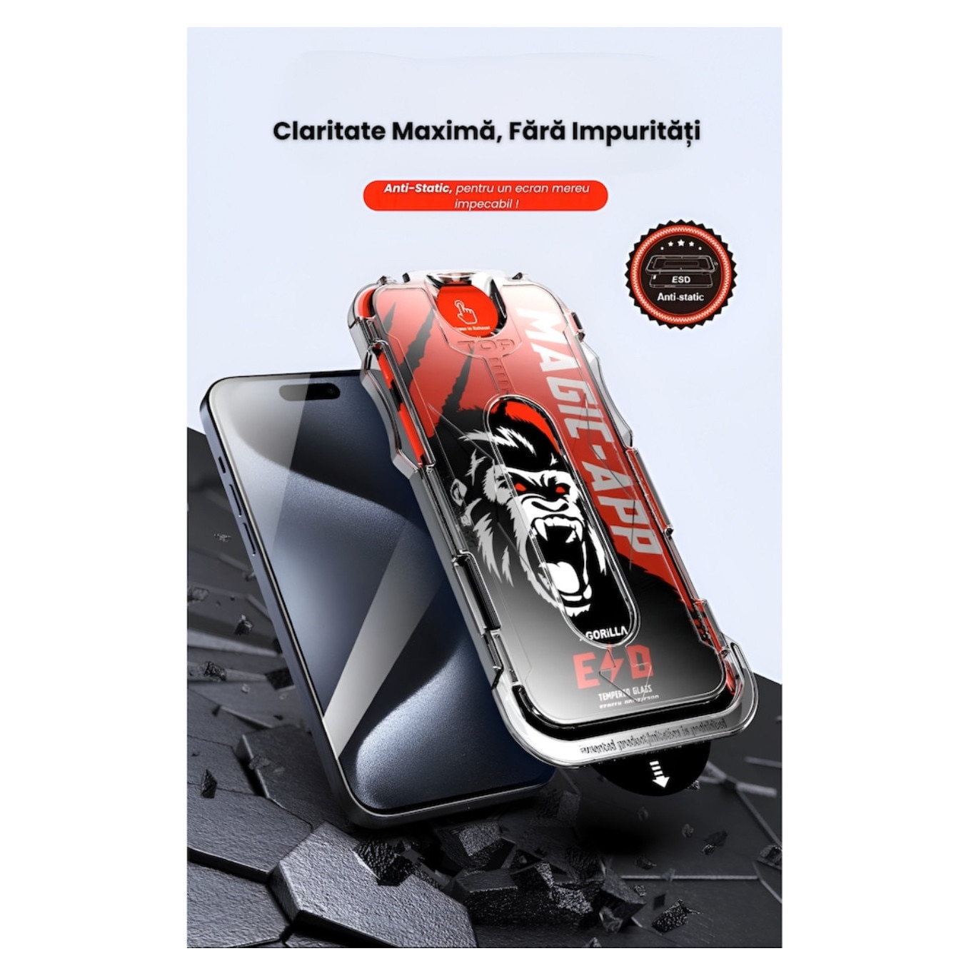 Folie Sticla Securizata, Compatibil cu iPhone 17 Pro, Gorila X instalare usoara cu dispozitiv EASYAPP pentru indepartarea prafului, Anti-zgarieturi, Anti-amprenta, anti-explozie, Anti-soc, Anti-ulei, Anti-orbire