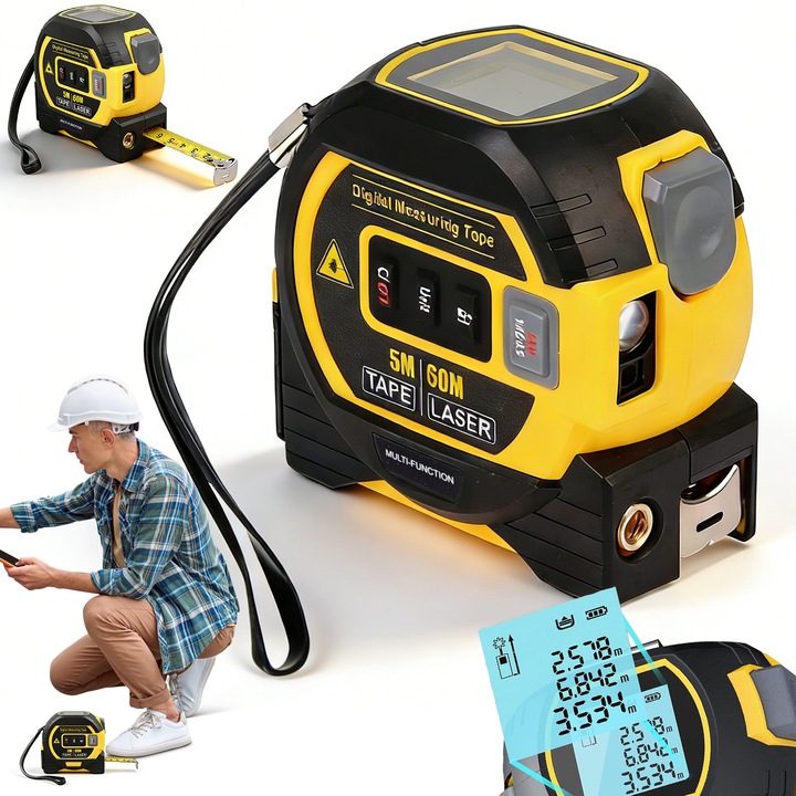 Telemetru laser, bedee, 60m, 5m ruleta, display LCD iluminat, negru si galben, 8.5x8.2x4cm
