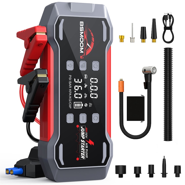 Starter auto portabil cu Compressor Multifunctional ，BSMOOM-G2 Starter Auto 9000A cu Ecran Dublu si Compresor 150PSI, Lanterna 400 Lm, Protectii Multiple – Benzina 10L / Diesel 8L， Starter Baterie, Power Bank, Lanterna LED, Portabil，rosu