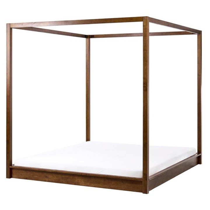 Pat cu baldachin Beliani Lemn Herliere Maro închis 180x200 cm, cadru joas, somiera detașabilă