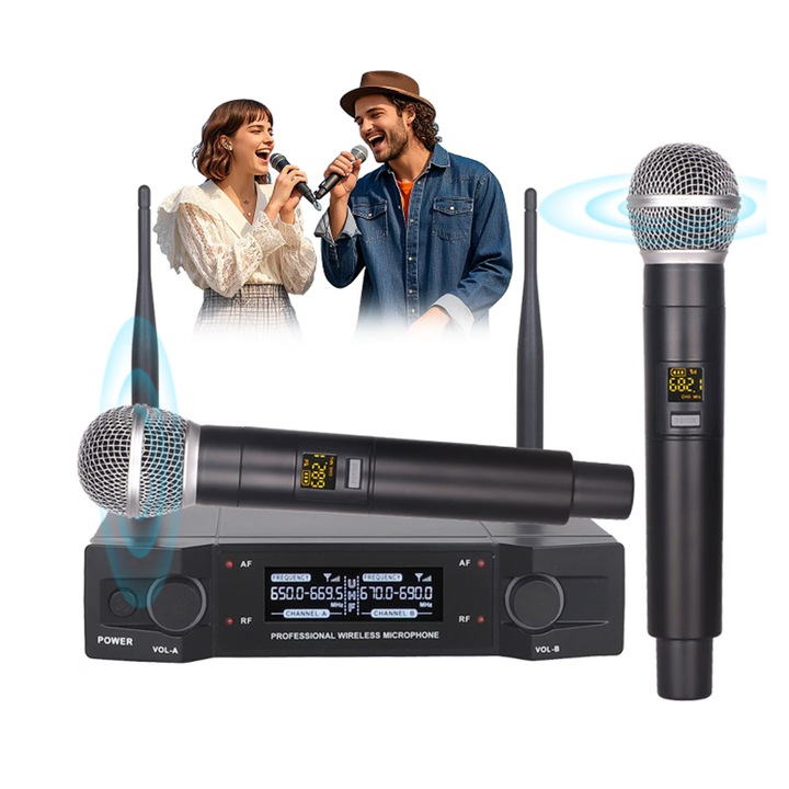 Set 2 Microfoane Wireless si Receiver, Omelivon, frecventa ajustabila, metal, pentru Karaoke, Conferinte, Evenimente, raza actiune 50 m, USB C, Negru