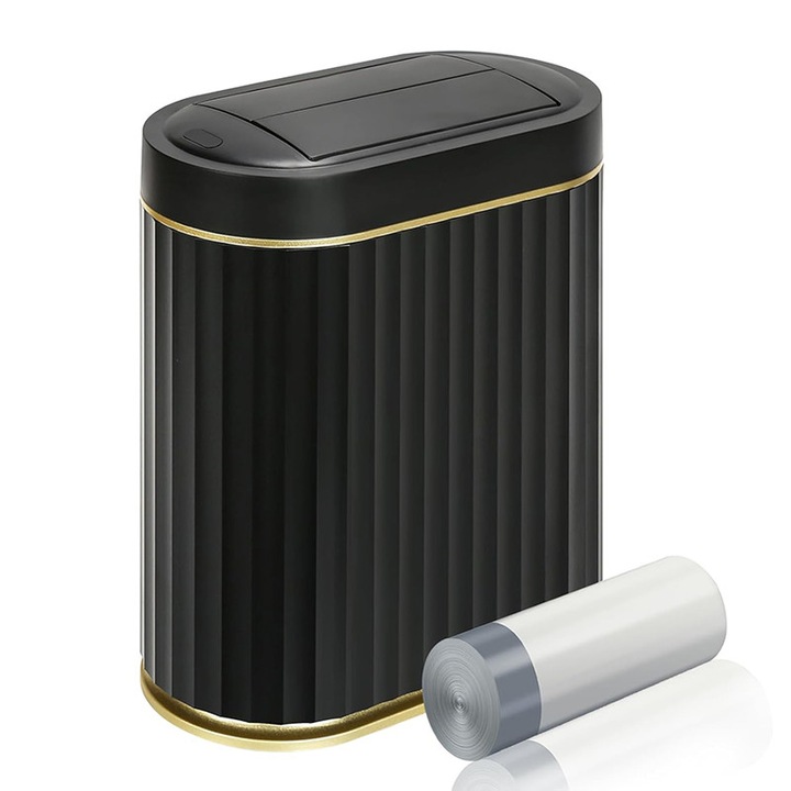 Cos de gunoi Inteligent, Rqiurpn, cu senzor de miscare Infrarosu, capac automat anti-miros, rezistent la apa IPX5, silentios, compact, design elegant, pentru baie, dormitor,8L, negru/auriu