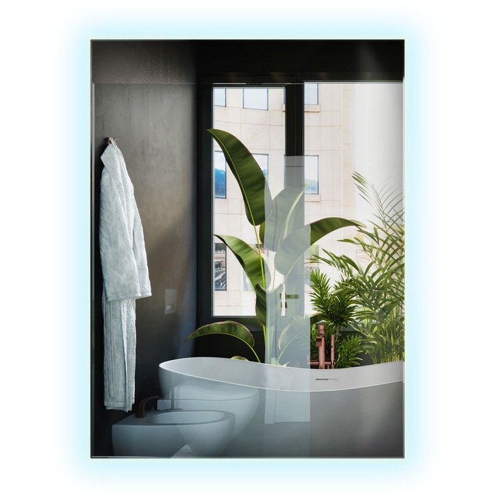 Dekoratív Fali LED Téglalap Alakú Tükör Modern Stílusban, Decormat, 80 x 60 cm, Hideg (6500K), Elegáns Hálószobai Kiegészítő, 010390550040200000000