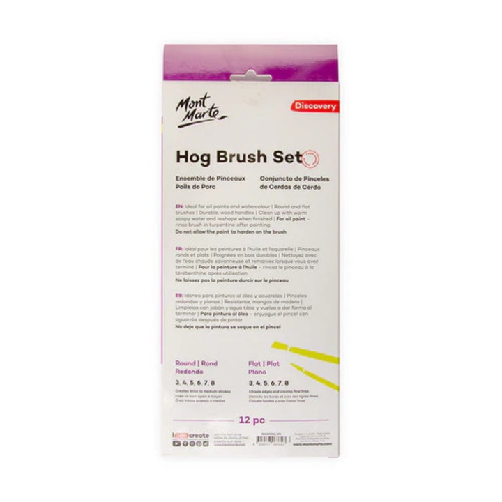 Set de pensule rotunde si plate Mont Marte, par natural, 12 buc, asortate