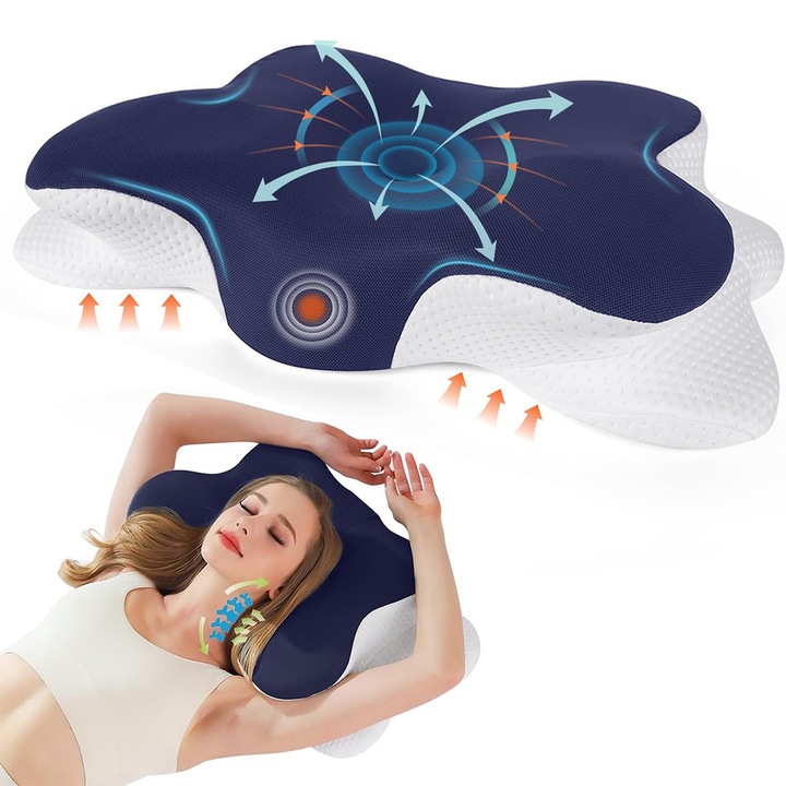 Perna Ortopedica Cervicala YOUKUKE, Spuma cu Memorie, Husa lavabila, Bleumarin-Alb, 64,3x36,7x9,5/13cm