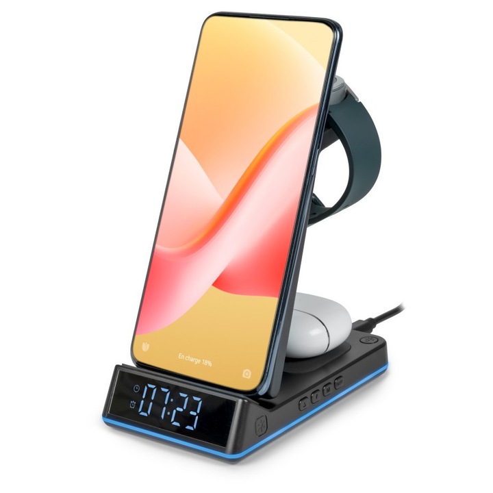 Töltőállomás, Ébresztőóra, Éjszakai fény, Thomson CL750IS, 10 W Wireless töltés, USB A, LED töltésjelző, Fekete