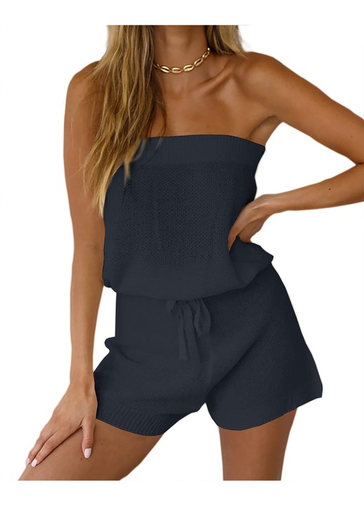 Set Tricotat Femei Imily Bela, model fără umeri, pantaloni scurți cu cordon（10073）, Albastru inchis