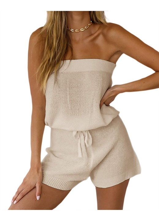 Set Tricotat Femei Imily Bela, model fără umeri, pantaloni scurți cu cordon（10073）, Bej