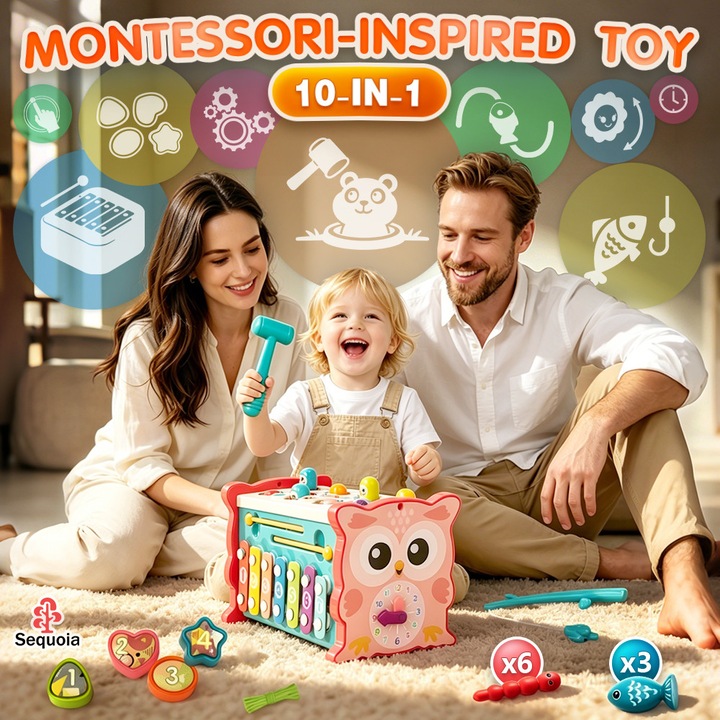 Jucarie Montessori multifunctional educationala interactiva 10 in 1, Sequoia, pentru copii si bebelusi,6 fete de joaca, loveste cartita, pescuit, pian cu ciocanel, Sortator de Forme, dezvoltare cognitiva, ABS ecologic, cadou ideal,1 ani +