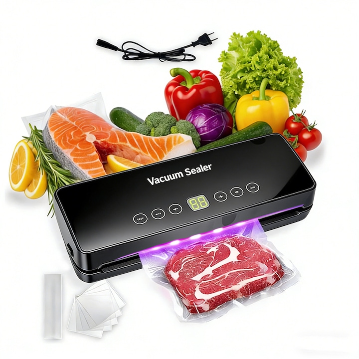 Aparat de vidat si sigilat alimente, Sequoia, compatibil umed/usca, ecran tactil inteligent, moduri manual/automat, dubla pompare puternica, sterilizare UV, material plastic