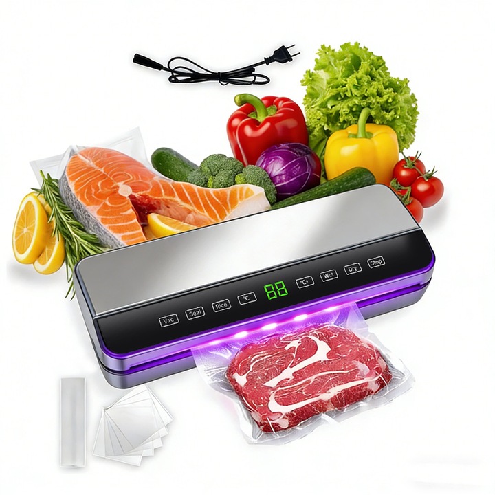 Aparat de vidat si sigilat alimente, Sequoia, Compatibil cu Produse Umede si Uscate, Ecran Tactil, Moduri Manual si Automat, Reglare Temperatului, Sterilizare UV, Materiale Otel Inoxidabil si Plastic